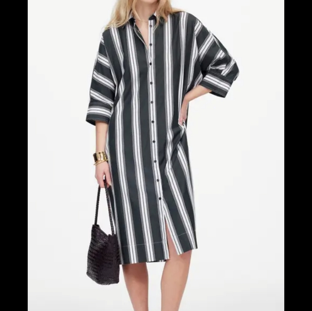 MADEWELL Dolman Midi Shirtdress in Stripe Poplin M Summit Green Button NWOT